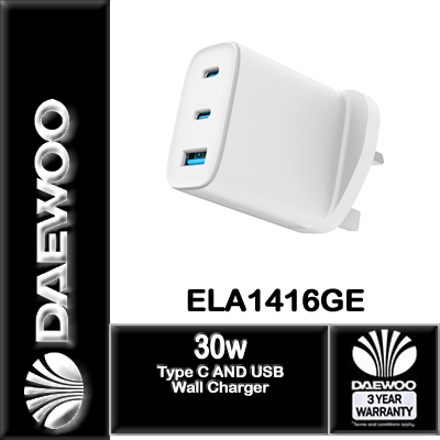 Daewoo ELA1416GE 30W USB-C and USB-A white wall charger UK plug