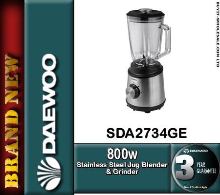 Daewoo SDA2734GE 800W stainless steel blender with 1.5L glass jug and grinder attachment