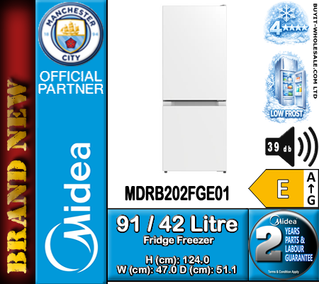 Midea MDRB202FGE01 white 47cm low frost fridge freezer front view