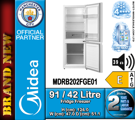 Midea fridge freezer interior with transparent drawers and LED light