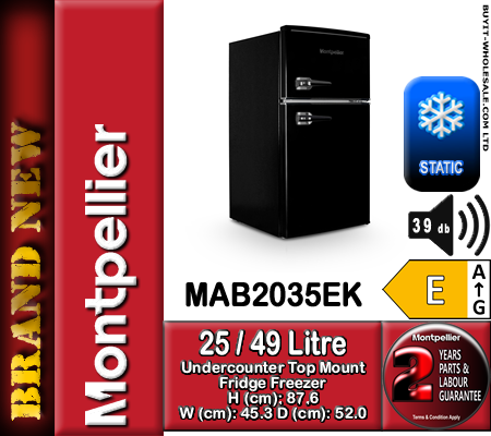 Montpellier MAB2035EK Black 45.3cm Wide Undercounter Retro Fridge Freezer - Image 3