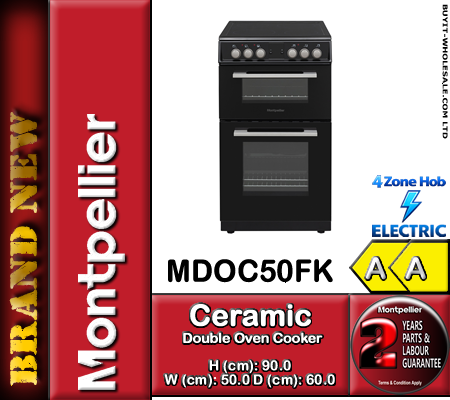 Montpellier MDOC50FK black 50cm electric double oven cooker with ceramic hob and modern control panel.