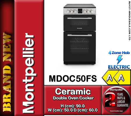 Montpellier MDOC50FS silver 50cm electric double oven cooker with ceramic hob and modern control panel.