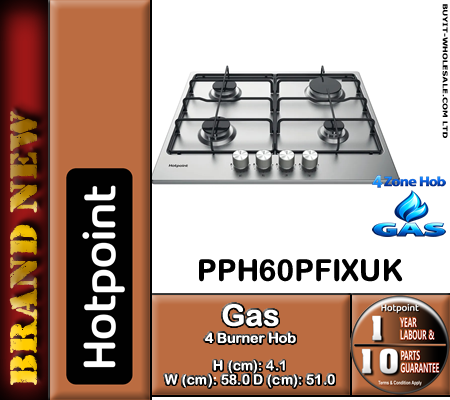 Hotpoint PPH60PFIXUK 60cm stainless steel built-in gas hob with four burners and front-mounted control knobs