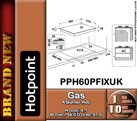Hotpoint PPH60PFIXUK Stainless Steel Built-In 60cm Gas Hob technical drawing showing dimensions and installation layout