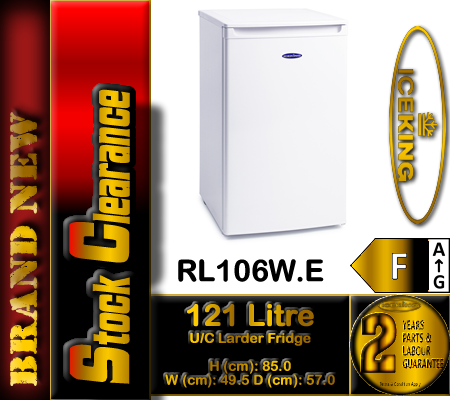 IceKing RL106W.E white under counter larder fridge 50cm wide 121 litre capacity with glass shelves and salad crisper
