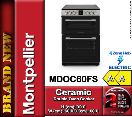 Montpellier MDOC60FS silver 60cm wide electric double oven cooker with ceramic hob and sleek silver finish