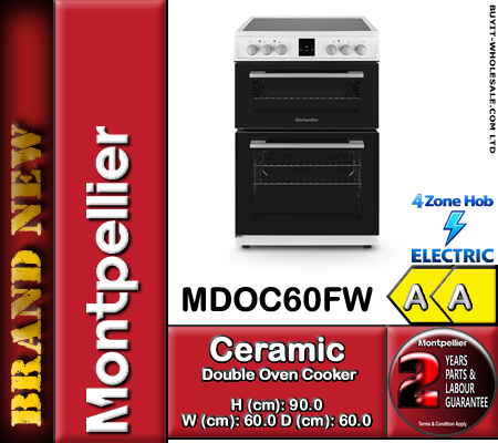 Montpellier MDOC60FW white 60cm wide electric double oven cooker with ceramic hob and sleek white finish