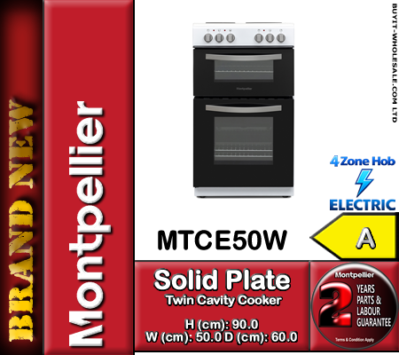 Montpellier MTCE50W white 50cm electric twin cavity cooker with solid plate hob and modern control panel.