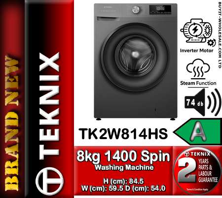 Teknix TK2W814HS Titanium 8kg 1400 Spin Washing Machine front view with digital display and control dial