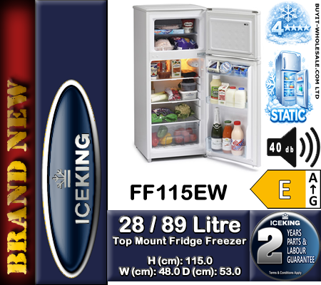 IceKing FF115EW white top mount fridge freezer 48cm wide 117 litre capacity with 4 star freezer