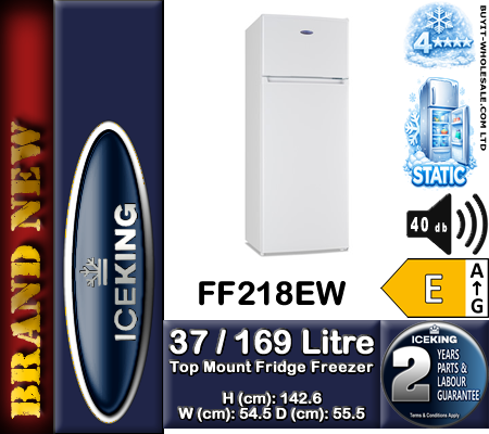 IceKing FF218EW white freestanding fridge freezer 54.5cm with top mount freezer and glass shelves