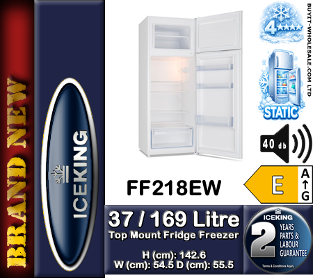 IceKing FF218EW white freestanding fridge freezer 54.5cm with top mount freezer and glass shelves