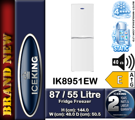 IceKing IK8951EW white 48cm 50/50 fridge freezer with reversible doors and 142L capacity