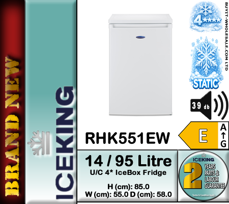 IceKing RHK551EW white 55cm under counter fridge with 4 star icebox compartment and adjustable glass shelves