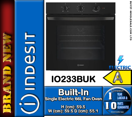 Indesit IO233BUK Black Single Electric Fan Oven with 66L capacity and easy-clean enamel interior