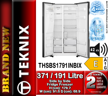 Teknix THSBS1791INBIX Black Steel 91cm Wide 371L / 191L Total No Frost (Frost Free) Side Fridge Freezer - Image 3