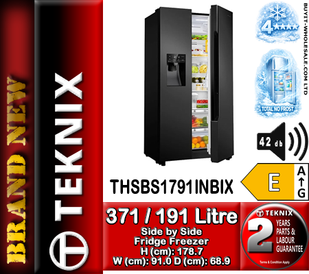 Teknix THSBS1791INBIX Black Steel 91cm Wide 371L / 191L Total No Frost (Frost Free) Side Fridge Freezer - Image 5