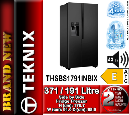 Teknix THSBS1791INBIX Black Steel 91cm Wide 371L / 191L Total No Frost (Frost Free) Side Fridge Freezer - Image 6