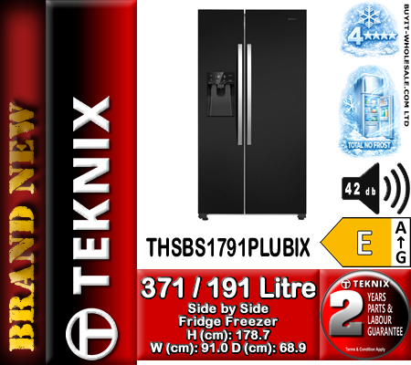 Teknix THSBS1791PLUBIX Black Steel 562L Side by Side Fridge Freezer with Plumbed Ice and Water Dispenser
