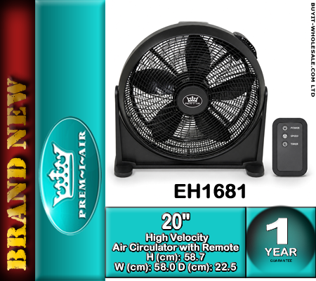Prem-I-Air EH1681 Black 20 inch 51cm High Velocity Air Circulator Fan with Remote Control