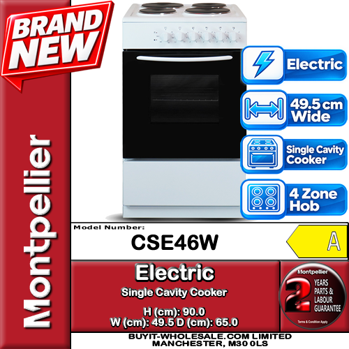 Montpellier CSE46W white 50cm freestanding electric single cavity cooker with four solid plate hob zones