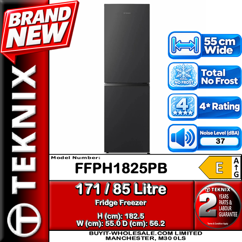 Teknix FFPH1825PB Black 256L Total No Frost Fridge Freezer 55cm Wide