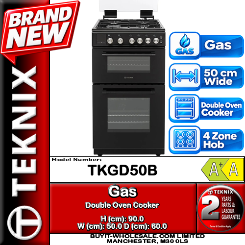 Teknix TKGD50B black 50cm gas double oven cooker with four-burner hob