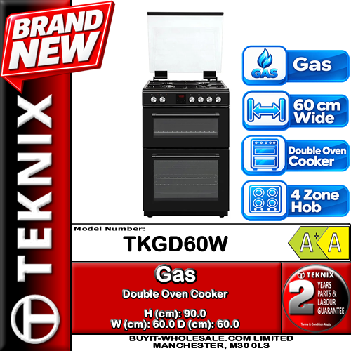 Teknix TKGD60B black 60cm gas double oven cooker with four-burner hob