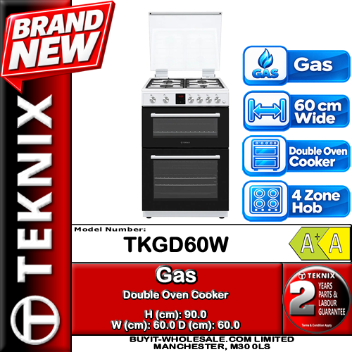 eknix TKGD60W white 60cm gas double oven cooker with four-burner hob